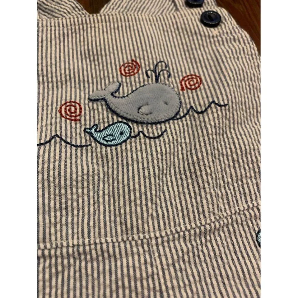Nursery Rhyme baby boy overalls, whale ocean embroidery, size 6/9 months (bin D)